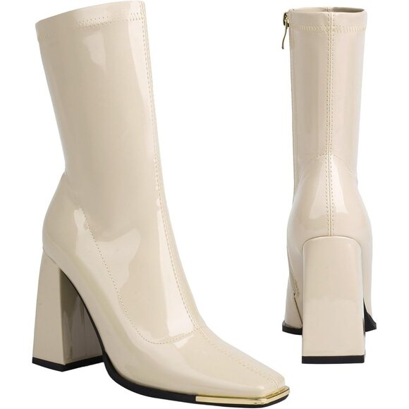 Women's Tan Mid Calf Comfy Square Closed Toe Heel Zipper Short Ankle Boots - Picture 5 of 8